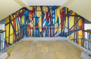 Peinture monumentale : composition abstraite, par Camille Niogret (1965). © T.Kuntz, Région Bourgogne-Franche-Comté, Inventaire du patrimoine, 2026