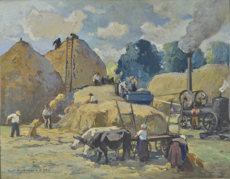 Honoré Hugrel "Étude pour Le Battage des blés 1937". Gouache sur contreplaqué. Collection particulière © B. Mahuet, Musées de Mâcon